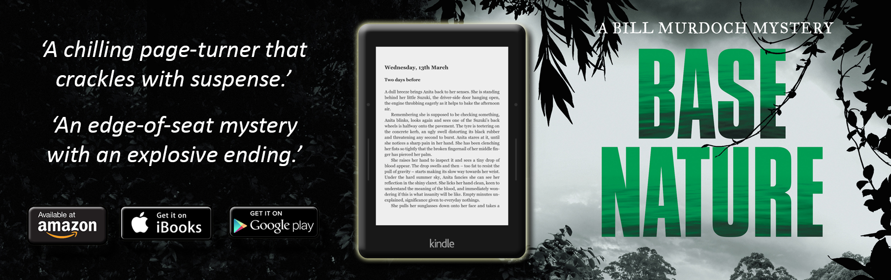 Banner for the Australian crime fiction book BASE NATURE by murder mystery author Ged Gillmore